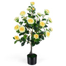 Artificial Camellia Tree Faux Flower Plant in Cement-Filled Pot by DirectDeals