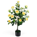 Artificial Camellia Tree Faux Flower Plant in Cement-Filled Pot by LJGDeals