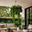 Artificial Hanging Plant Chandelier – Tropical Foliage Circular Ring (23.5in) Black Frame – UV Resistant by Designer Plants USA
