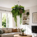 Artificial Hanging Plant Chandelier – Tropical Foliage Circular Ring (23.5in) Silver Frame – UV Resistant by Designer Plants USA