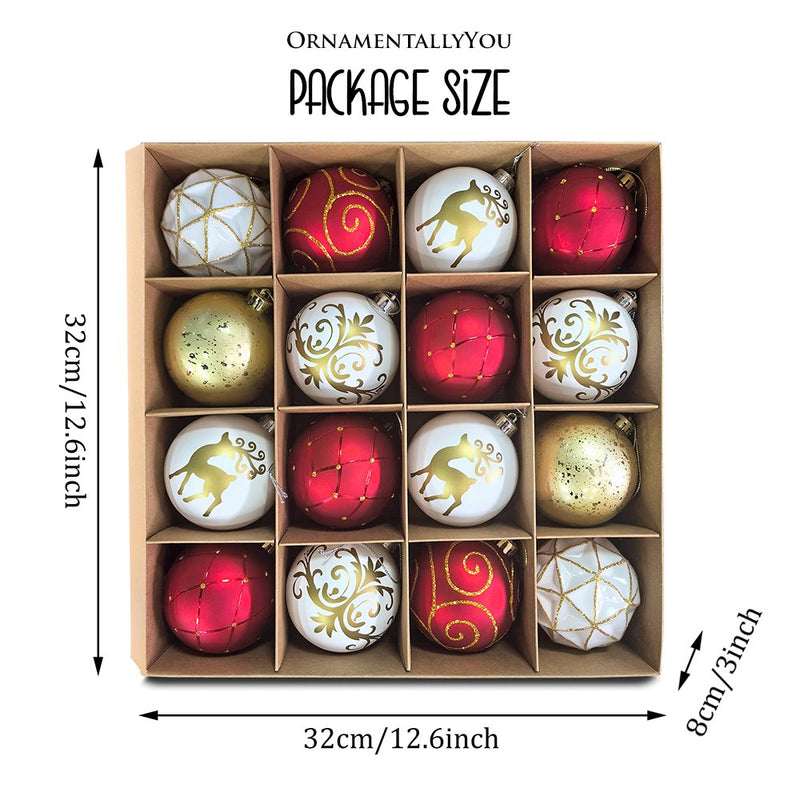 Charming Elegance Ornament Bundle 16 Piece Set, Red White and Gold with Glitter Premium Shatterproof