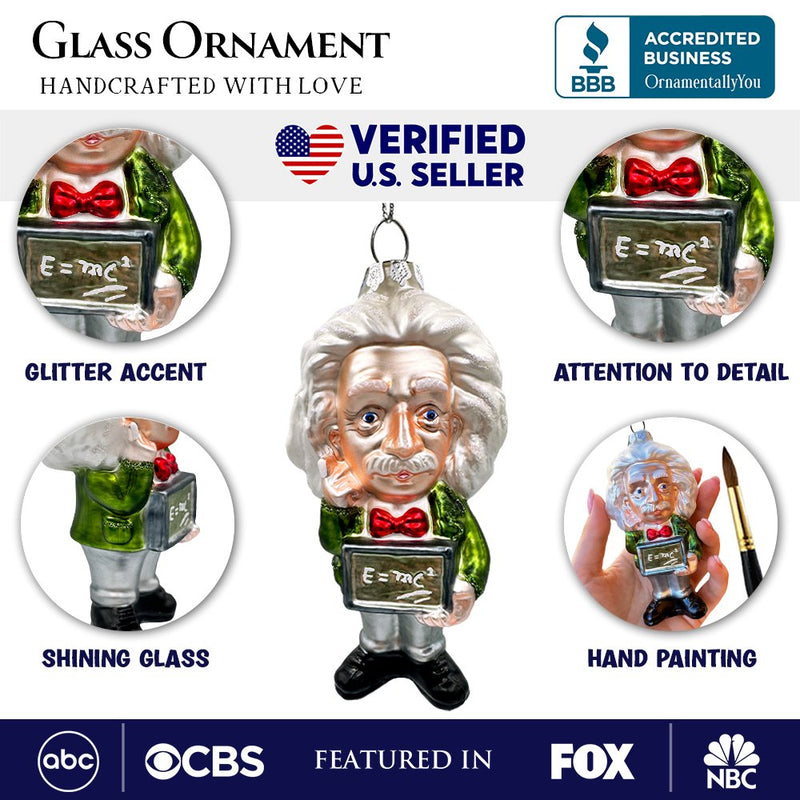 Albert Einstein Handcrafted Glass Ornament, Science and Physics Themed Christmas Gift