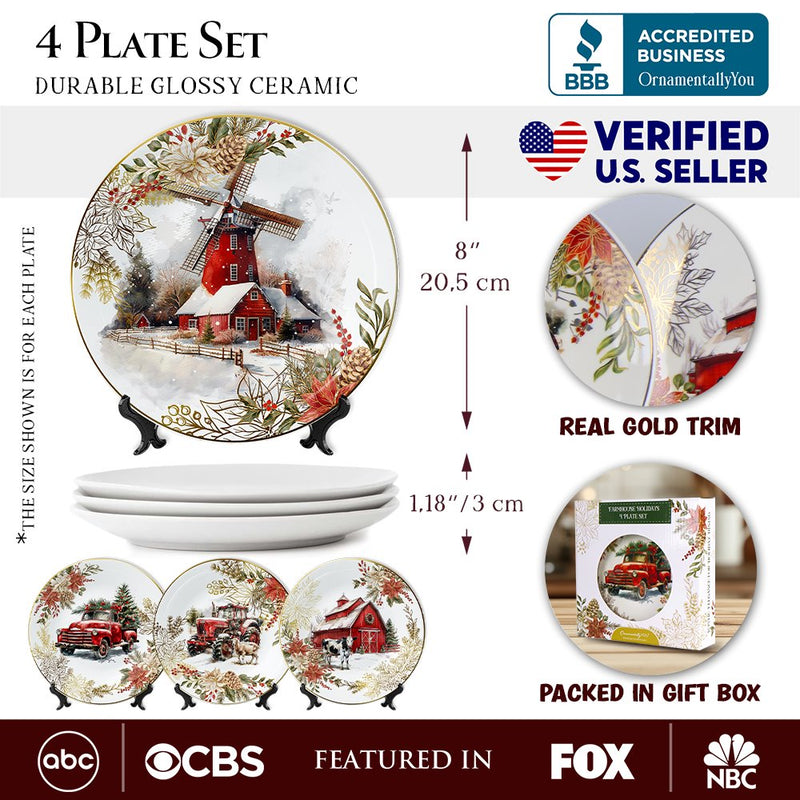 Farmhouse Christmas Set of 4 Plates with Real Gold Elements, Holiday Tableware Collection for Salad, Dessert, Appetizer, and Side Plates