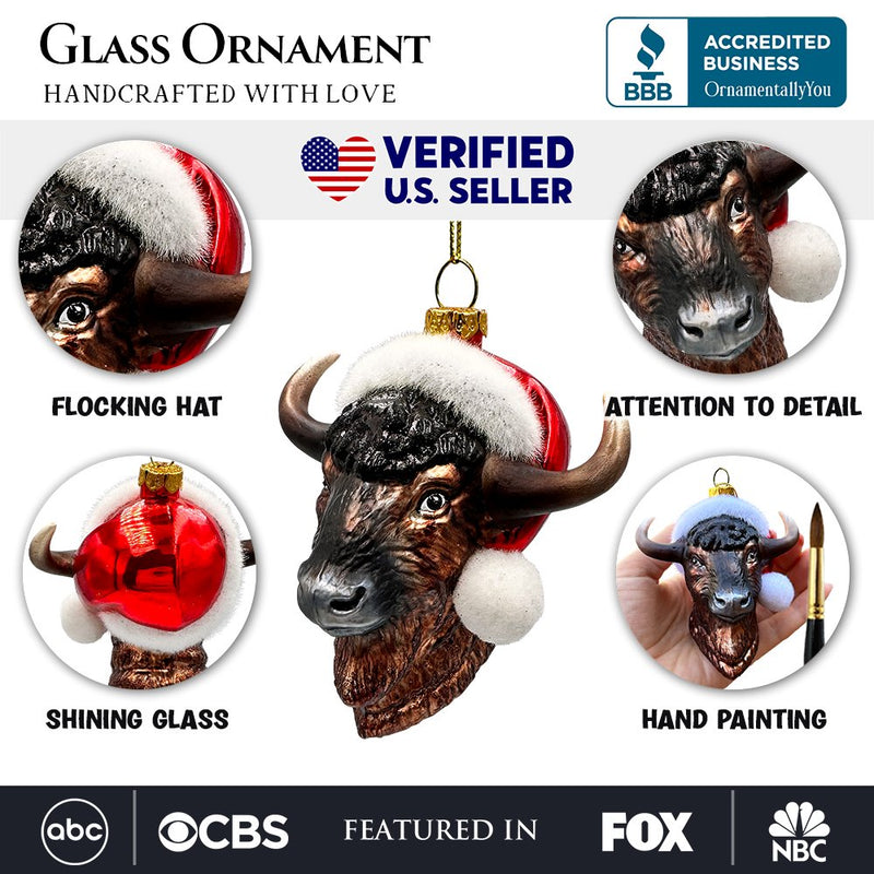 Festive Bison Glass Christmas Ornament, Buffalo Western Bovine Animal