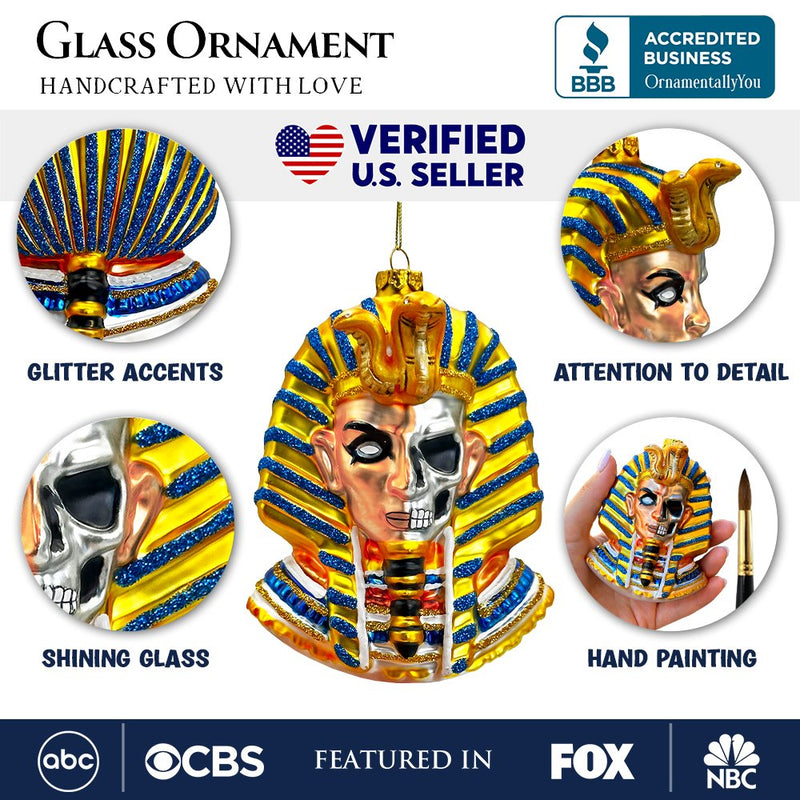 Evil Egyptian Pharoah Half Skull Head Glass Ornament, Gothic Halloween Tree Decor