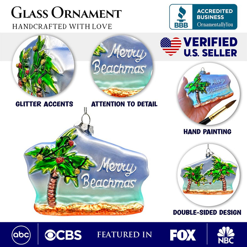 Merry Beachmas Christmas Palm Tree Glass Ornament, Xmas in July Tropical Decor