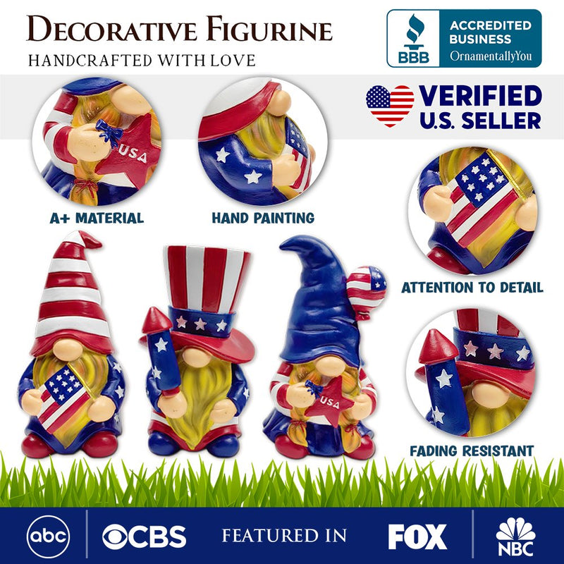 Patriotic Gnome Trio Figurines, 6" Set of Three Garden Statues and July 4th Decoration