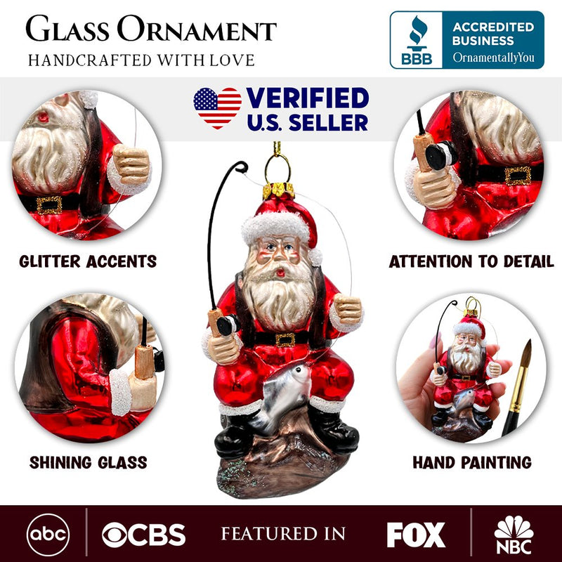 Relaxing Santa Claus Fishing Ornament, Hand Blown Glass Fisherman Gift Decor