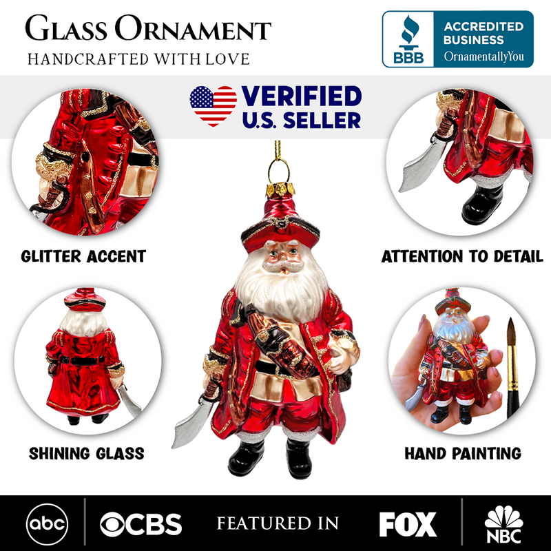 Santa Pirate Glass Christmas Ornament, Sea Sailer Bandit Unique Tree Decor