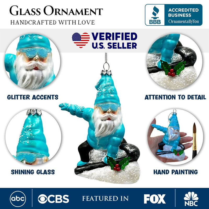 Snowboarding Gnome Glass Christmas Ornament, Winter Blue Aspen Tree Decor