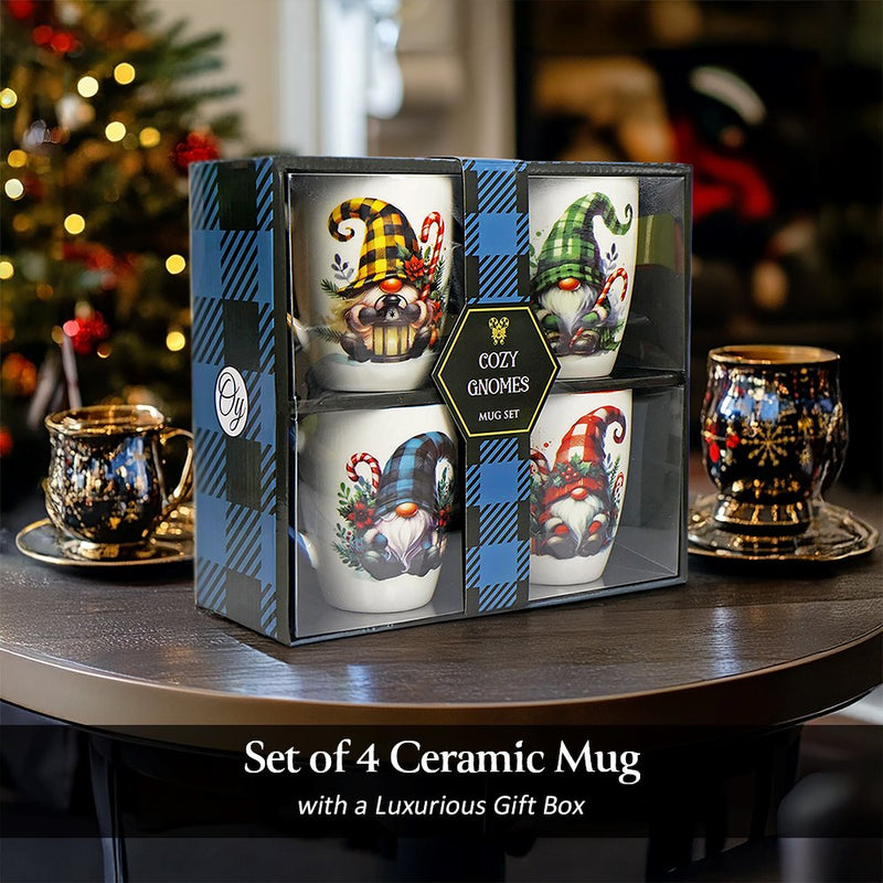 Cheerful Holiday Gnome Eclectic Ceramic Mug Set of 4, Christmas Coffee Cups for a Tableware Gift