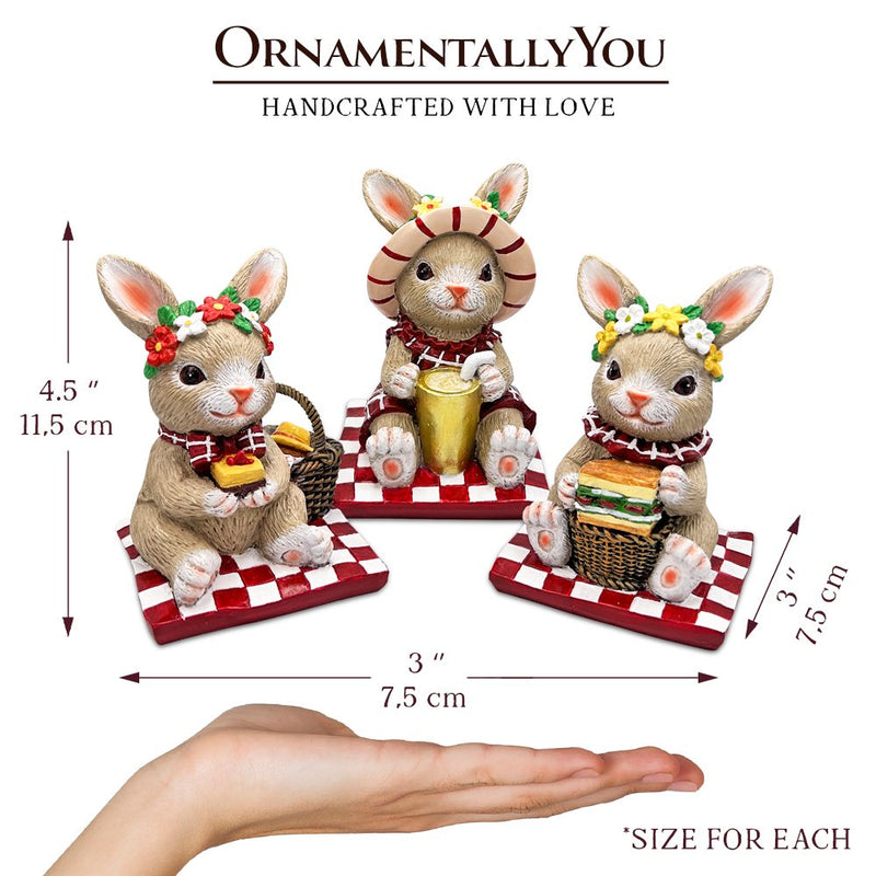 Joyful Picnic Gathering Bunny Trio Set of Three Figurines, Spring Rabbit Statue 4.5" Decor
