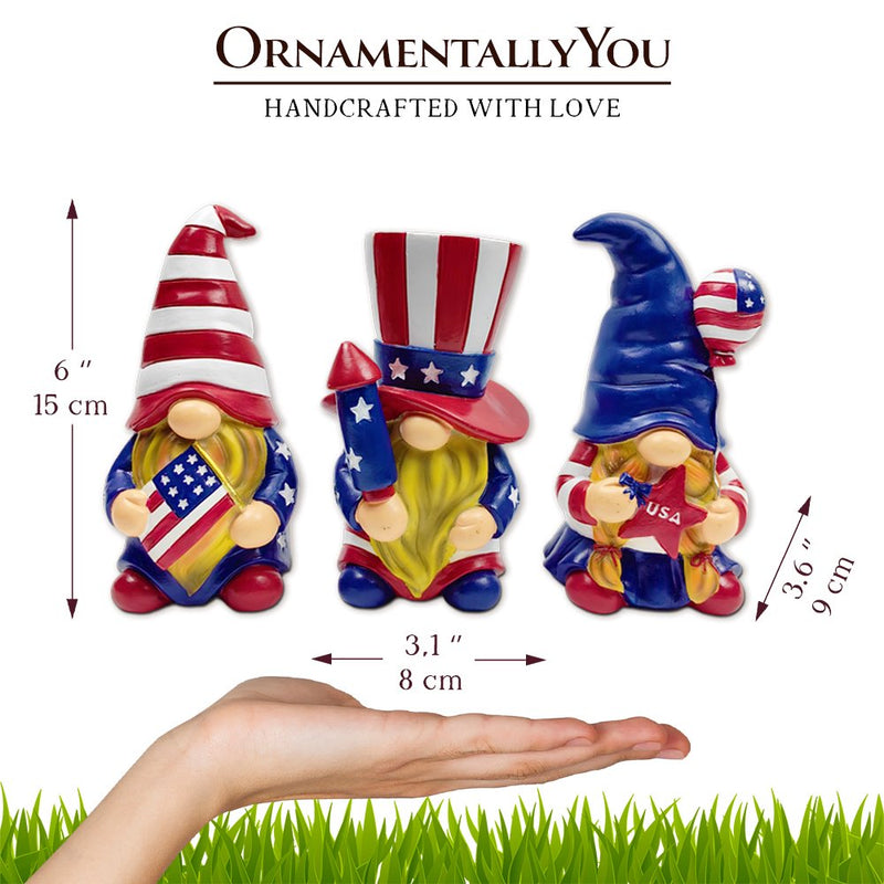 Patriotic Gnome Trio Figurines, 6" Set of Three Garden Statues and July 4th Decoration