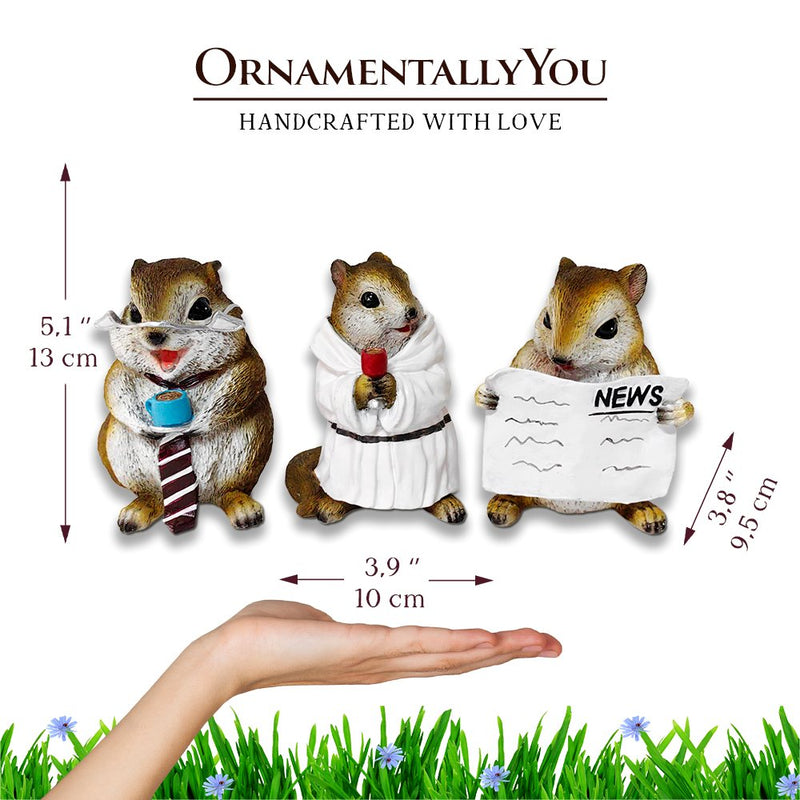 Whimsical Chipmunk Trio Set of Three Figurines, 5" Cute Desk Decor and Garden Statues