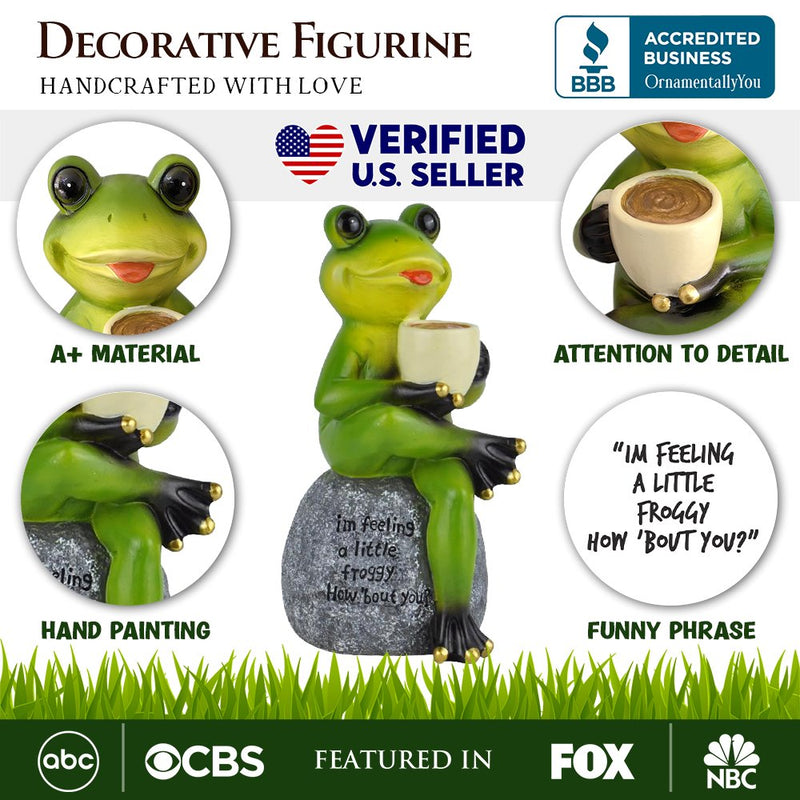 Coffee Drinking Frog Garden Statue with Funny Quote