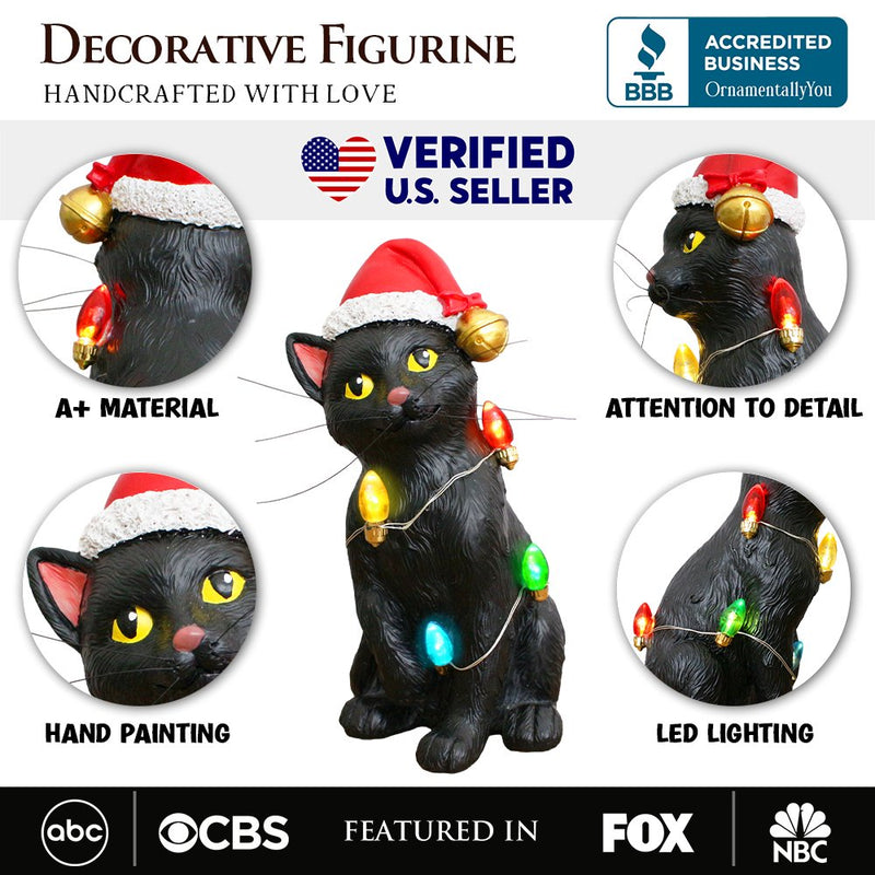 Festive Black Cat with LED Lights Figurine, 7" Cute Home Decor Statue