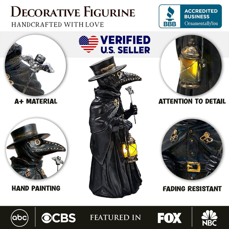 Plague Doctor Creepy Home Figurine, 8" LED Haunted Halloween House Statue