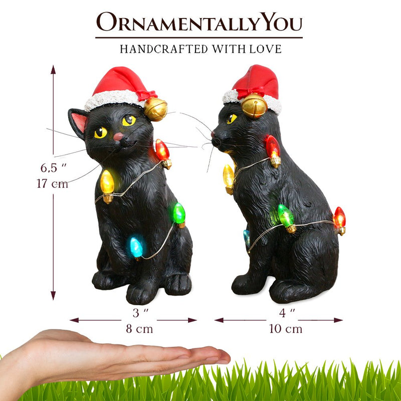 Festive Black Cat with LED Lights Figurine, 7" Cute Home Decor Statue