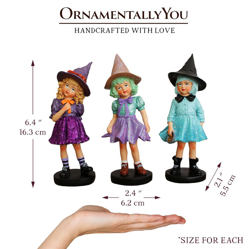 Mystical Victorian Witch Sisters Set of Three Figurines, Enchanted 6" Statues for a Bewitching Halloween Tabletop Display