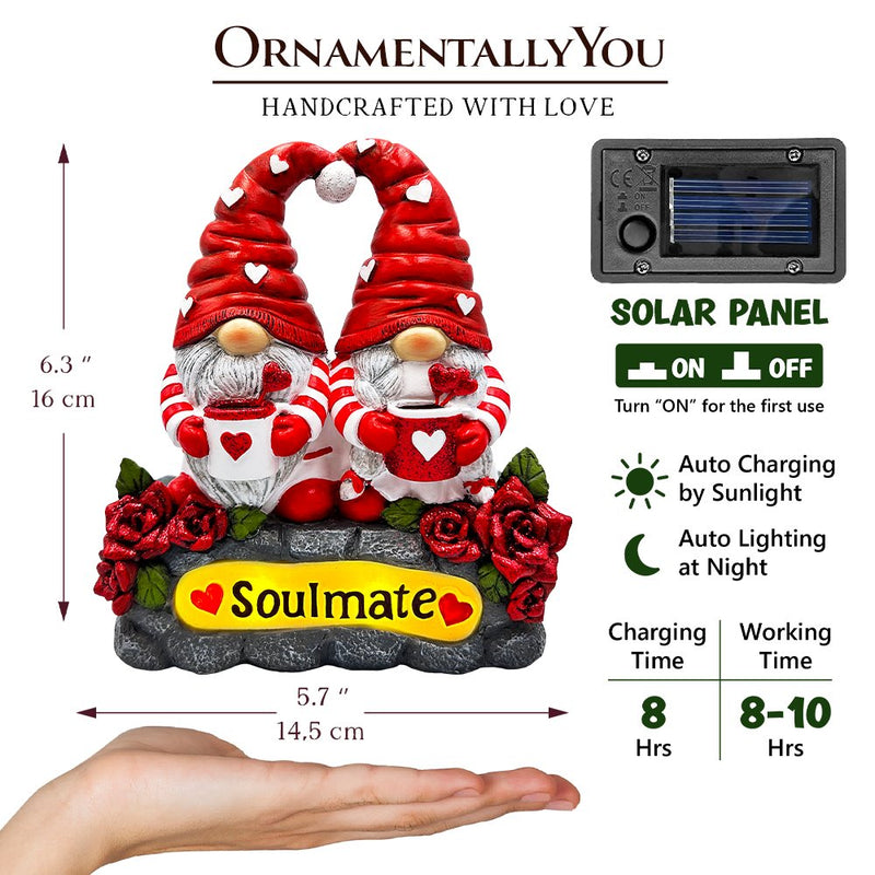 Soulmate Valentine Gnome Couple Solar Powered Figurine, 6" Romantic Room Statue Decoration