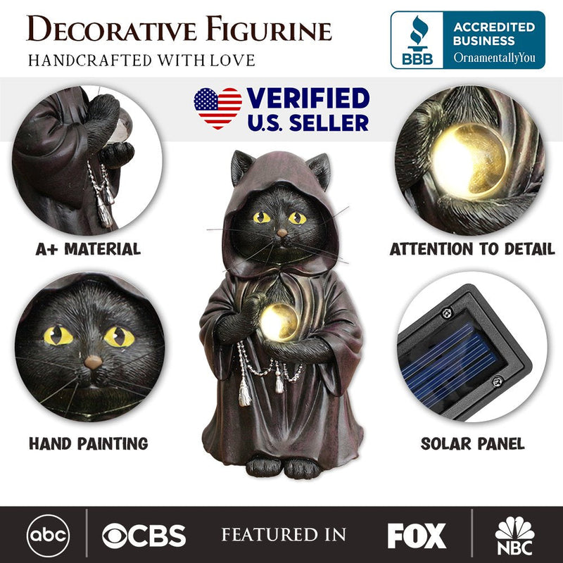 Ominous Black Cat Wizard Figurine, 7" Solar Light Gothic Yard Statue Decor