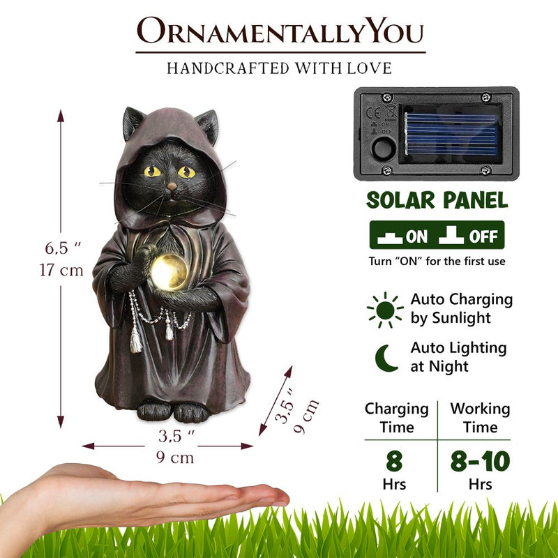(Pre-Order) Ominous Black Cat Wizard Figurine, 7" Solar Light Gothic Yard Statue Decor