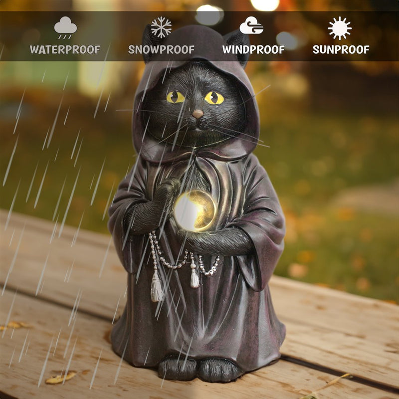 (Pre-Order) Ominous Black Cat Wizard Figurine, 7" Solar Light Gothic Yard Statue Decor