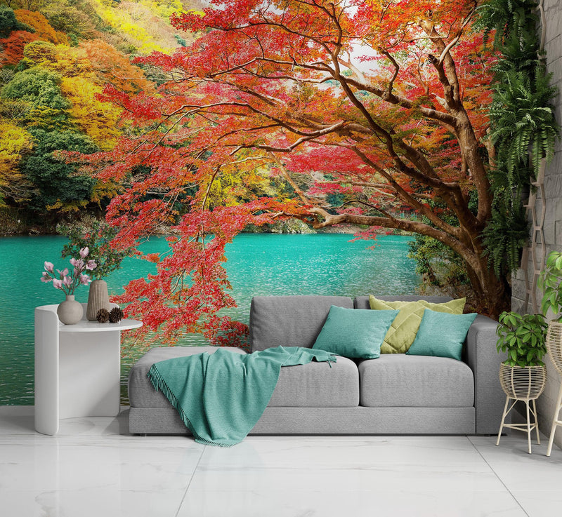 Colorful Teal Water Lake View Landscape Wallpaper Mural.