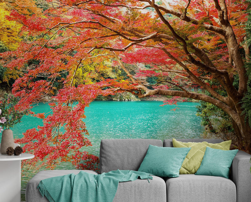 Colorful Teal Water Lake View Landscape Wallpaper Mural.