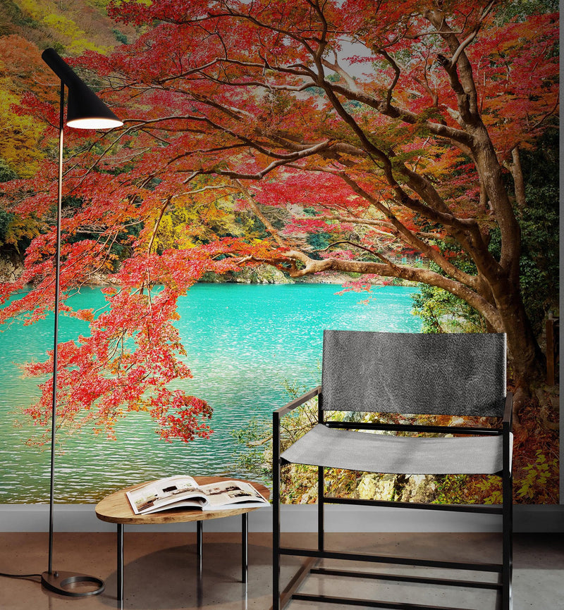 Colorful Teal Water Lake View Landscape Wallpaper Mural.