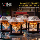 Set of 4 Diamond Whiskey & Wine Glasses With Wood Stands 10oz