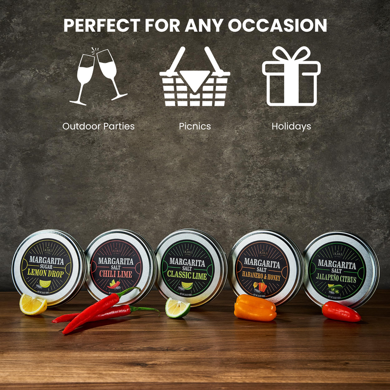 5-Pack Premium Margarita & Cocktail Flavored Salt Rimmer, Variety Set 3.5oz - Chili Lime, Lemon Drop Sugar, Lime, Habanero & Honey, Jalapeno Citrus - No Silicon Dioxide, Easy Screw-On Lid