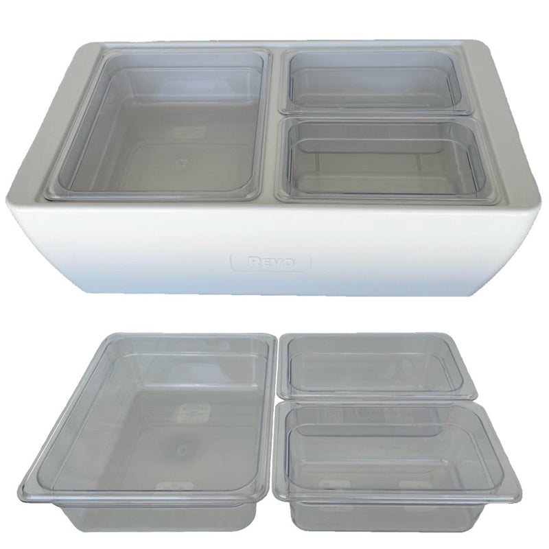 REVO MIX Pan Set | Polycarbonate 4" deep | One 1/2 Size and Two 1/4 size food pans