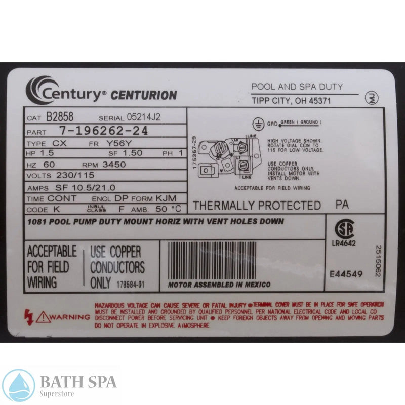 A.O. Smith (AOS) Century Motor 1.5 HP [1-S] [Sq Fl] [115/230V] (B858)
