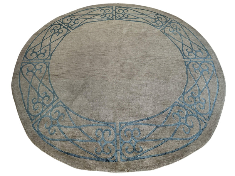 Hand-Knotted Tibetan Rug - 6' x 6'1" Round - Wool & Silk - Elegant Blue Border Design