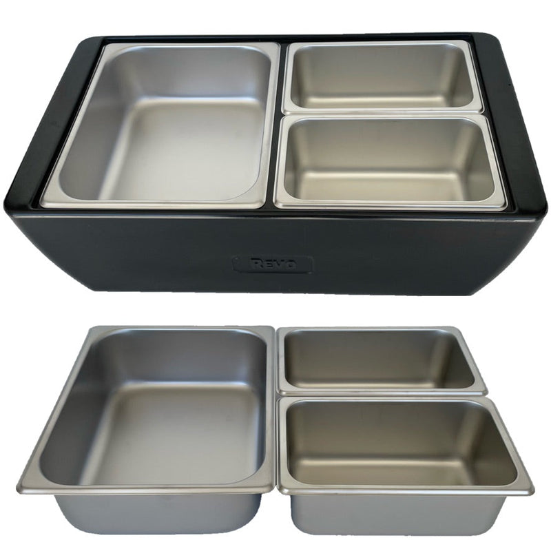 REVO MIX Pan Set | Stainless Steel 4" deep | One 1/2 Size and Two 1/4 size food pans