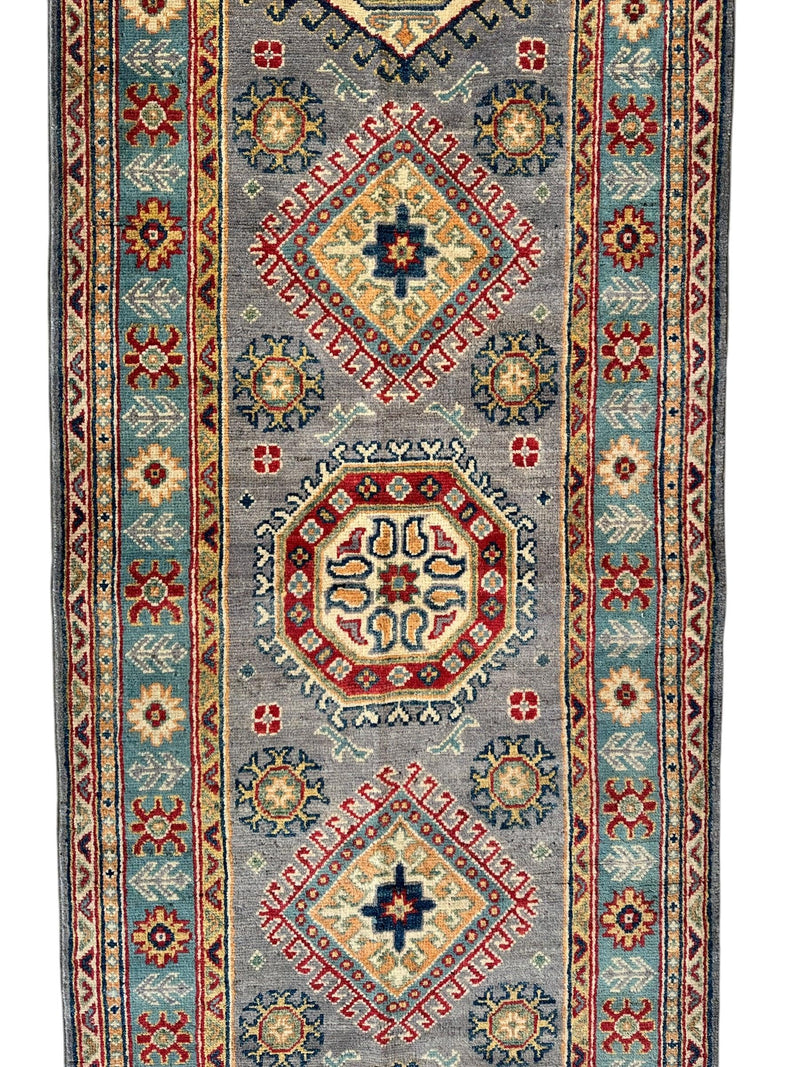Hand-Knotted Afghan Kazak Wool Runner Rug – 2'7" x 12'3" – Traditional Geometric Design