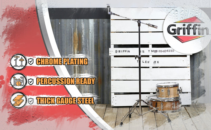 GRIFFIN Cymbal Boom Stand | Double Braced Drum Percussion Gear Hardware Set | Adjustable Height | Arm Holder With Counterweight Adapter for Mounting Heavy Duty Weight Crash &Ride Cymbals For Drummers