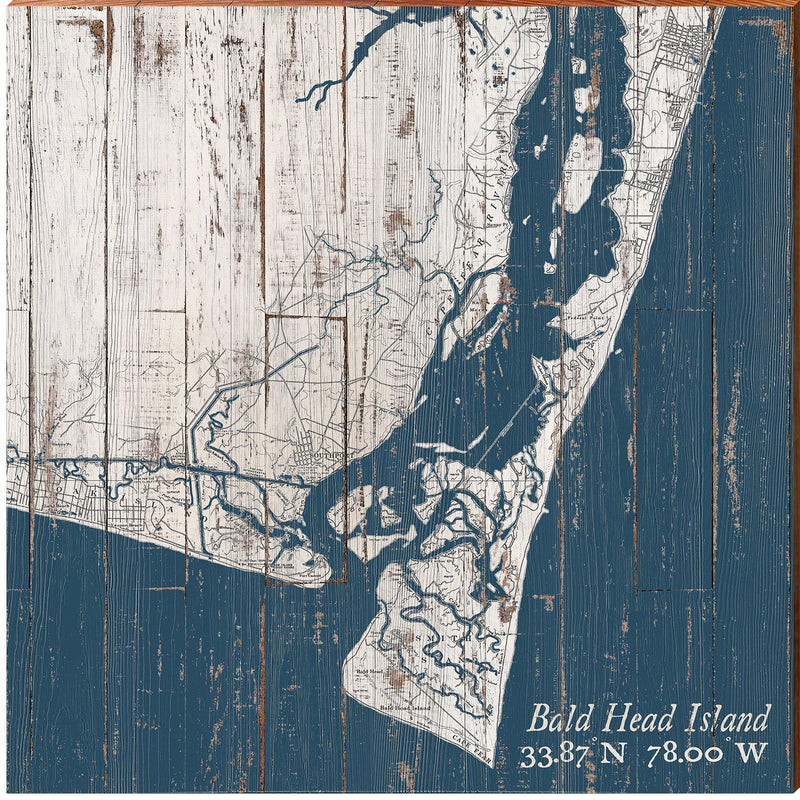 Bald Head Island Navy & White Shabby Map | Wall Art Print on Real Wood