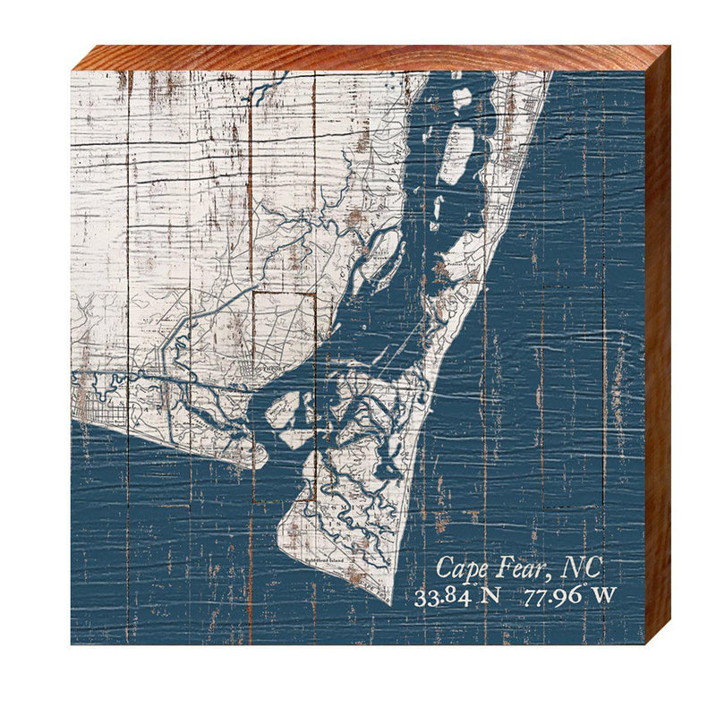 Cape Fear, NC Navy & White Shabby Map | Wall Art Print on Real Wood