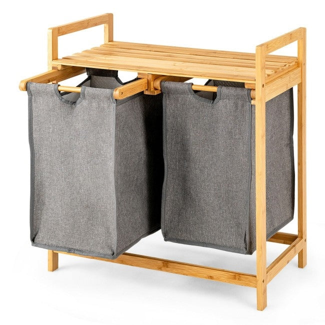 Natural Bamboo 2 Bin Sliding Laundry Hamper with Storage Shelf, photo 2 of 4