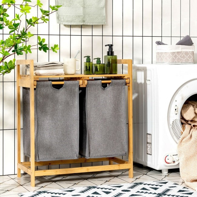 Natural Bamboo 2 Bin Sliding Laundry Hamper with Storage Shelf, photo 3 of 4