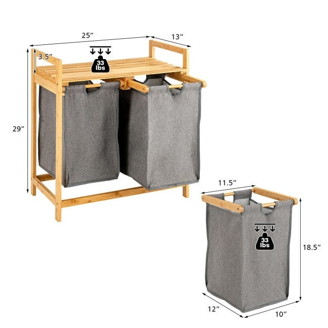 Natural Bamboo 2 Bin Sliding Laundry Hamper with Storage Shelf, photo 4 of 4