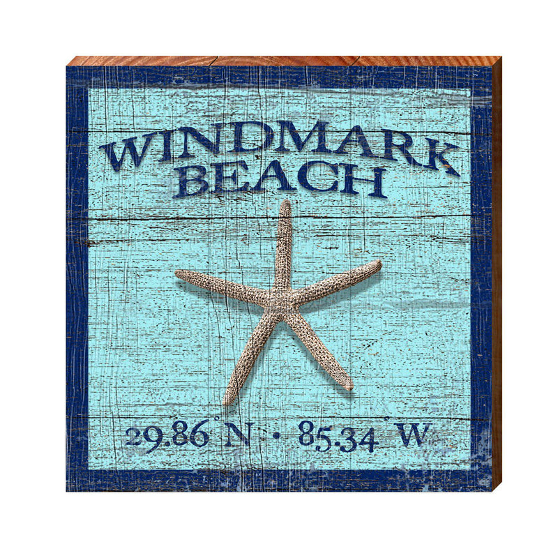 Windmark Beach Starfish Blue Latitude Longitude | Wall Art Print on Real Wood