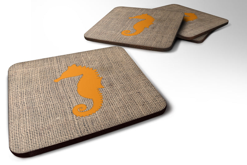 Set of 4 Sea Horse Burlap and Orange Foam Coasters