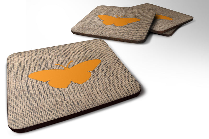 Set of 4 Butterfly Burlap and Orange Foam Coasters