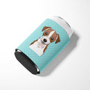 Checkerboard Blue Jack Russell Terrier Can or Bottle Hugger Cooler Sleeve for Standard 12 oz Cans, Insulated Foam Beer & Soda Can Hugger Reusable