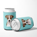 Checkerboard Blue Jack Russell Terrier Can or Bottle Hugger Cooler Sleeve for Standard 12 oz Cans, Insulated Foam Beer & Soda Can Hugger Reusable