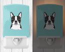 Checkerboard Blue Boston Terrier Ceramic Night Light Compact, UL-Certified, Ideal for Bedroom, Bathroom, Nursery, Hallway, Kitchen, 6x4x3, Multicolor