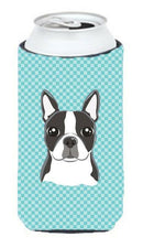 Checkerboard Blue Boston Terrier Tall Boy Hugger Can Cooler Sleeve Machine Washable Drink Collapsible Insulator Beverage Insulated Holder